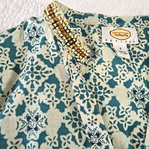 Talbots Women's Blouse Size Small Petite SP Blue Green Tropical Wood Beading - Picture 6 of 15